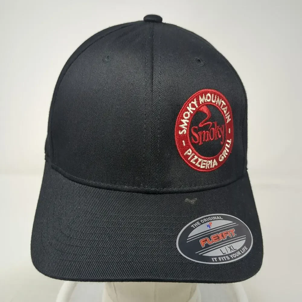 Flexfit Smoky Mountain Pizzeria Grill Black XL Baseball Cap Hat Fitted Logo